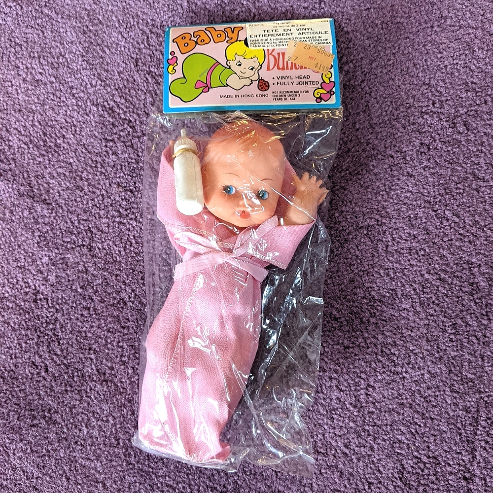 Vintage 80s Baby Bunting deadstock vinyl head fully jointed doll new in package